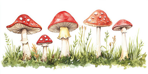 A set of watercolor fly agaric mushrooms, each with unique detailing and surrounded by soft green moss. The hand-painted red caps and delicate stems create a naturalistic yet artistic design, perfect