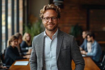 Fototapeta premium A confident businessman in a grey jacket and white shirt smiles at the camera in a meeting room setting.