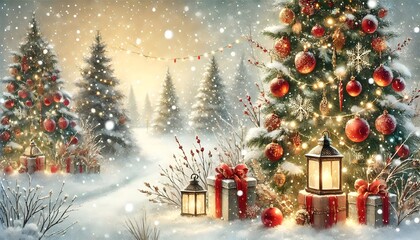 Festive Winter Wonderland with Decorated Christmas Trees, Glowing Candles, and Holiday Gifts in a Snowy Scene Background &ndash; Perfect for Holiday Cards, Seasonal Art, and Festive Design