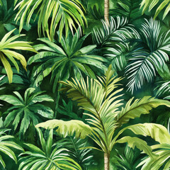 A lush tropical seamless pattern with hand-painted palm trees and vibrant jungle plants. The watercolor illustration captures the essence of summer with rich greens and layered leaves, making it