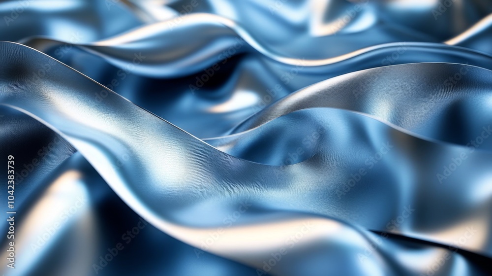Poster Luxurious blue fabric flows gracefully with gentle waves, capturing light to create a soft and inviting atmosphere. The texture appears rich and refined.