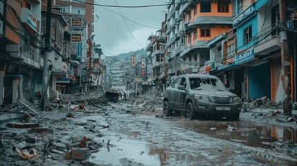 Fototapeta premium A town street ravaged by an earthquake, with collapsed buildings and scattered debris, highlighting the devastating impact on the community.