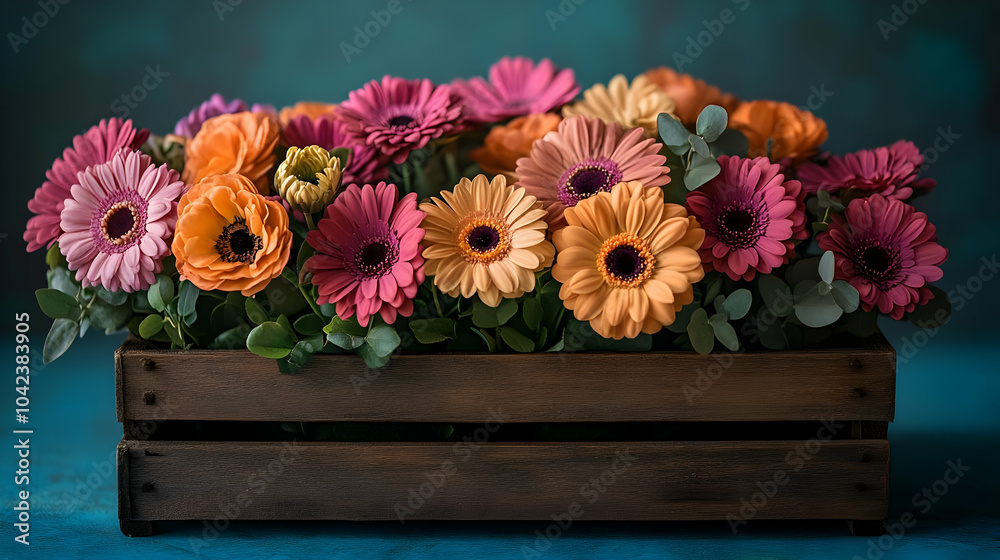 Wall mural A vibrant arrangement of colorful flowers in a wooden planter.