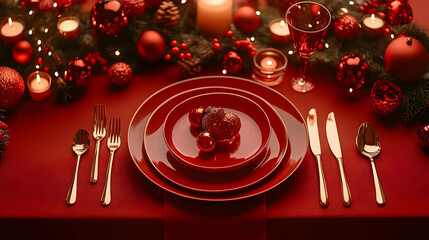 Elegant red-themed holiday dining setup with festive decorations.