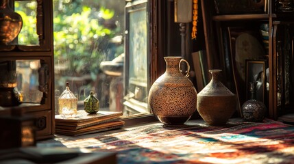 Vintage ceramic vases and glass bottles on windowsill