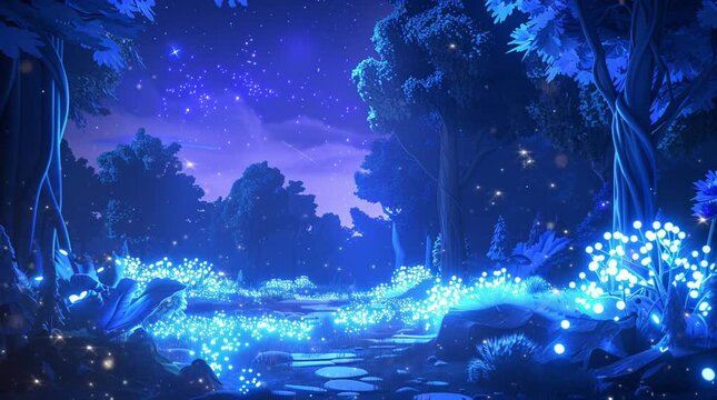 Mysterious fantasy forest under a deep blue night sky with glowing ambiance  
Seamless looping 4k time-lapse virtual video animation Generated AI