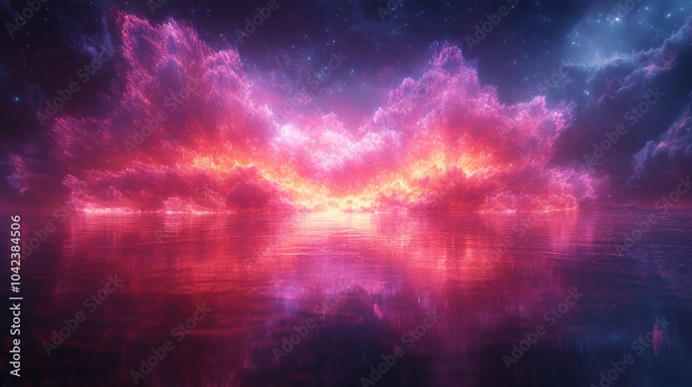 Poster A breathtaking view of vibrant, pink clouds illuminated by sunset hues reflects on the still water, creating a serene and magical atmosphere during twilight.