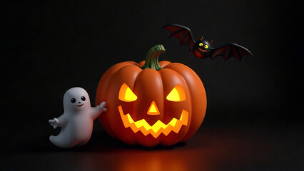 Halloween style web banner with pumpkin, ghost and bats