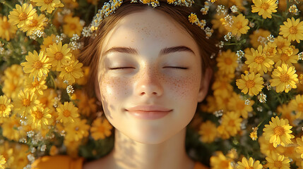 A serene girl lying in a field of yellow flowers, smiling peacefully.