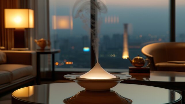 Elegant living room interior featuring a modern aromatherapy diffuser emitting steam, set on a reflective table with a city skyline in the background during twilight.