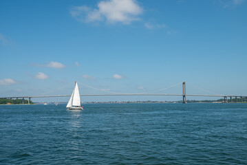 boat sailing in Lillebaelt strait in Denmark