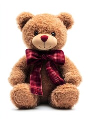 Obraz premium Adorable Teddy Bear with Red Plaid Bow Tie – Perfect for Holiday Gifts, Children’s Toys, and Cute Decorations. Soft Plush Bear for Celebrations and Festive Design