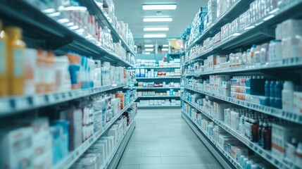 Pharmacy shelves with various products in bright lighting