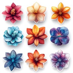A vibrant collection of nine illustrated flowers in various colors and styles, showcasing their intricate details.