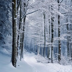 Snow-covered trees adorn the frozen forest.