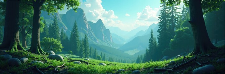 Obraz premium A breathtaking landscape of lush greenery and majestic mountains, perfect for nature, travel, and wellness themes.