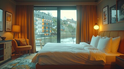 A cozy hotel bedroom with a king-sized bed, plush pillows, and a view of the city outside the window.