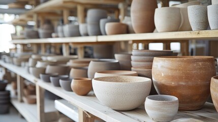 Handmade pottery displayed on wooden shelves