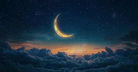 Obraz premium A crescent moon glows brightly in the night sky, surrounded by fluffy clouds and twinkling stars.