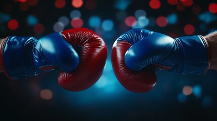 Patriotic competition scene, red vs. blue boxing gloves poised to clash, abstract flag-inspired background, close-up detail, intense lighting
