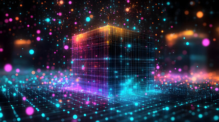 Fototapeta premium A glowing cube surrounded by vibrant particles in a digital space.