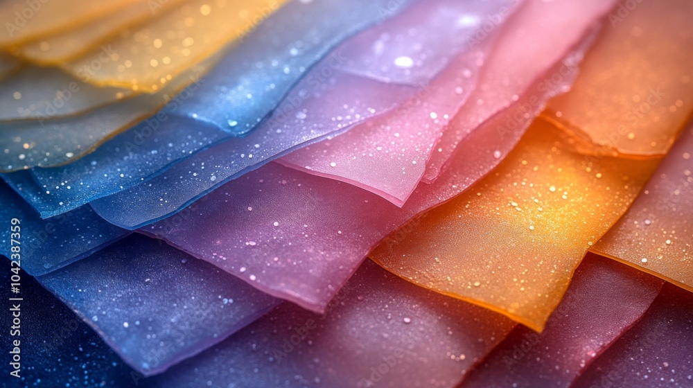 Aufkleber translucent sheets cascade over each other, showcasing a blend of colors such as blue, pink, and gol