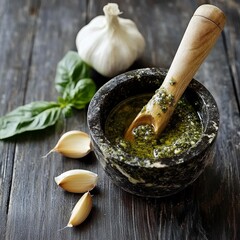 Pesto made fresh with oil and garlic.