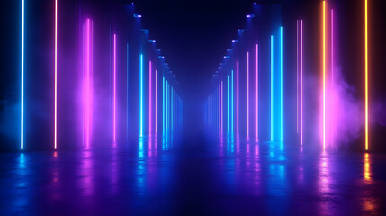 Fototapeta premium Neon-lit corridor with reflections and fog effects.