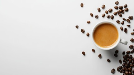 Fototapeta premium A cup of coffee with coffee beans scattered around it on a white background.