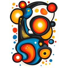 A vibrant abstract composition featuring swirling shapes in blue, orange, and yellow hues, creating a dynamic visual flow.