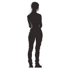 Fototapeta premium Silhouette of a female figure with long hair, standing thoughtfully, accentuating a sleek and confident posture.