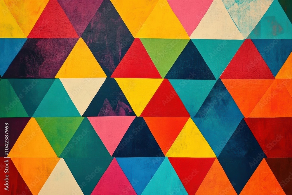 Fototapete A vibrant array of triangular shapes forms a striking geometric pattern filled with various colors, creating visual interest and depth. Generative AI