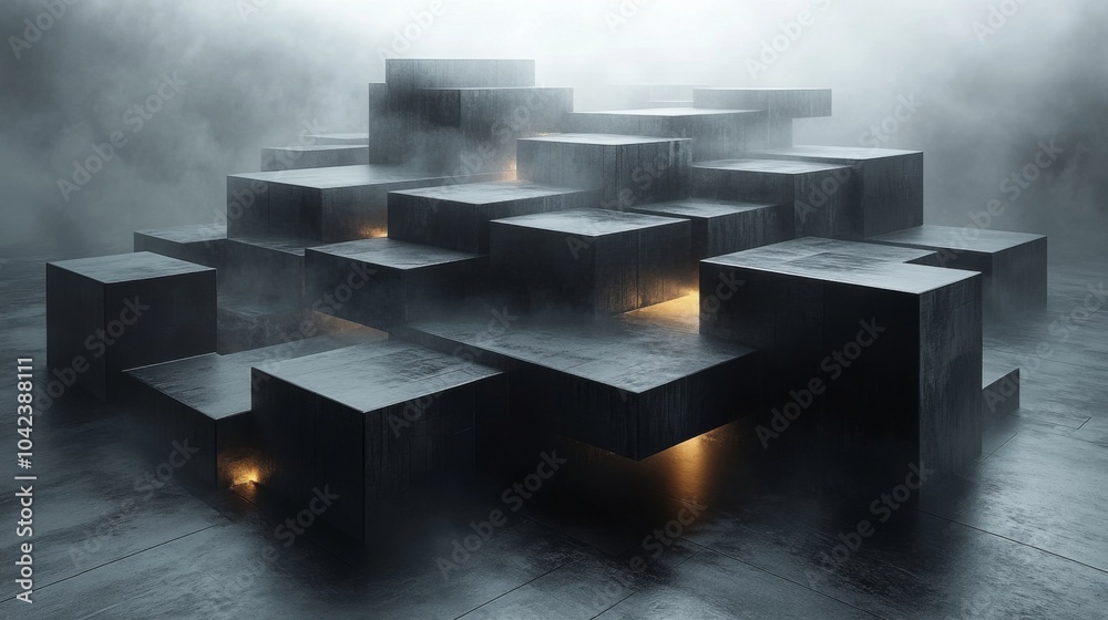 Poster Black geometric blocks are stacked intricately, revealing warm light from their bases while surrounded by a dense, misty atmosphere, creating an enigmatic setting.
