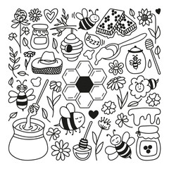 Hand drawn Bee honey doodle set with hive, honeycombs, barrel, liquid melt, hat, flowers, glass jar.