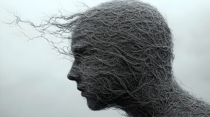 A silhouette of a head made of tangled fibers, evoking emotion.