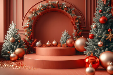 A red and gold room with a Christmas tree and a red archway