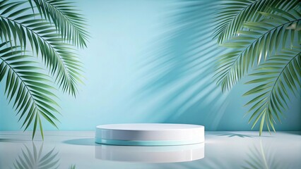 Obraz premium Reflective white podium on pastel blue background with palm leaves