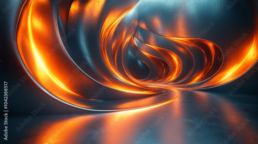 Poster Glowing orange spirals intertwine gracefully in a dark metallic space, creating a mesmerizing abstract composition full of vibrant light and shadow.