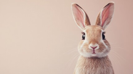 Obraz premium A cute brown bunny rabbit with big ears and black eyes looks directly at the camera against a soft pink background.