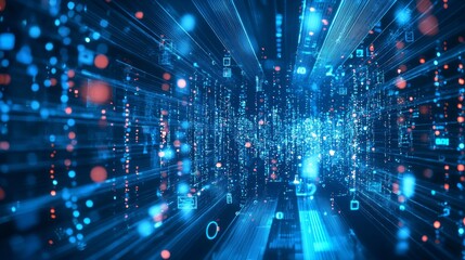 Abstract digital data flow with bright blue lights