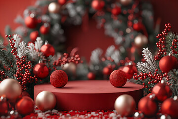 A red and white wreath with red and gold ornaments