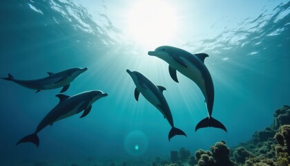 Fototapeta premium Joyful Dolphin Family: Playful Dolphins Swimming in Crystal Clear Waters Near Coral Reef Under Sunlit Sky