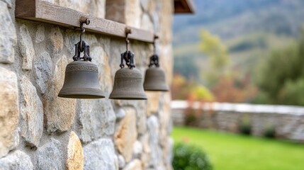Obraz premium Brass bells hang from delicate chains in a bell tower, reflecting warm light and showcasing intricate details against a blurred background