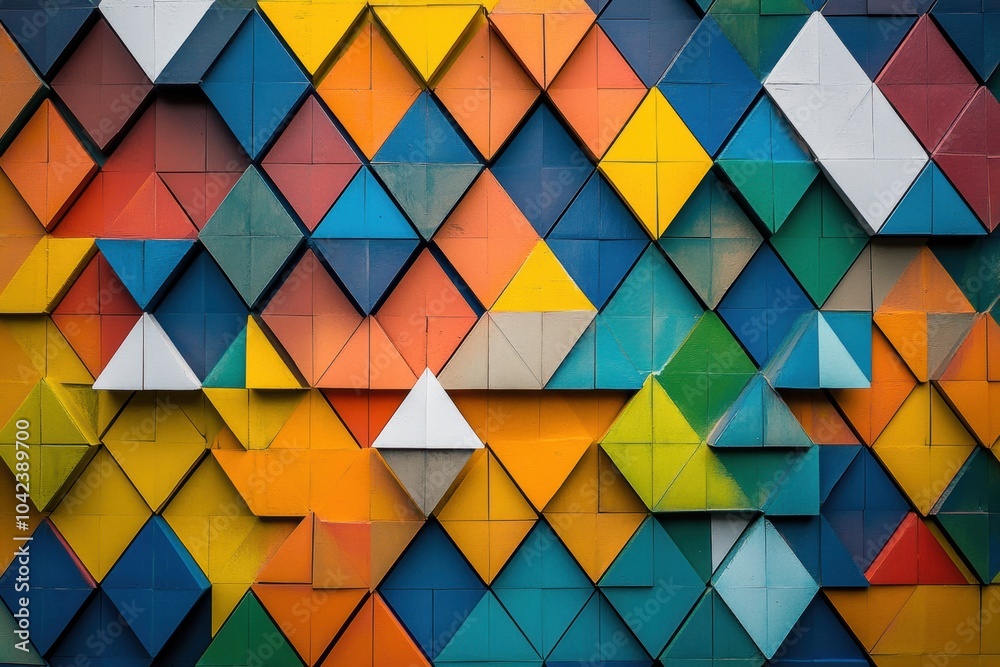 Poster This artwork showcases a dynamic composition of triangular shapes in varied colors, creating a striking visual display on a wall. Generative AI