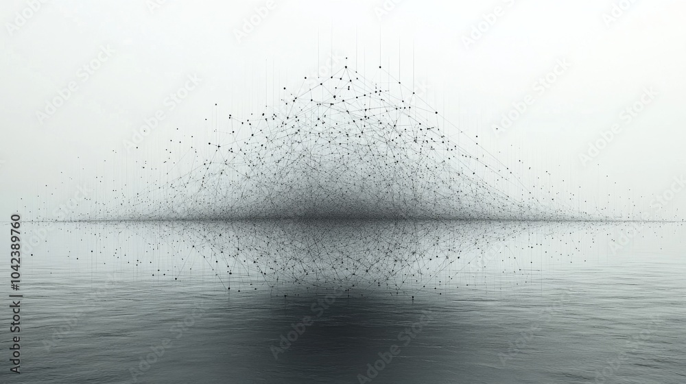 Aufkleber An intricate network of dark lines and points emerges over a tranquil water surface, creating an abstract formation against a soft, muted background.