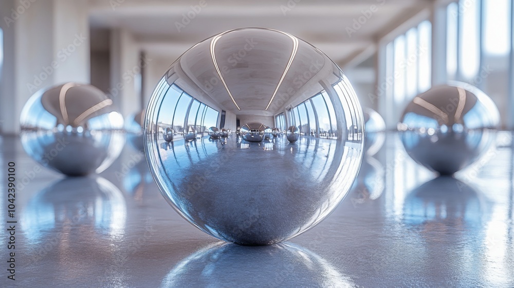 Poster a series of shiny, reflective spheres are positioned on a polished floor inside a contemporary space