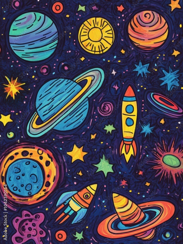 Poster vibrant doodles showcase a cosmic theme with planets, stars, rockets, and asteroids, creating a whim