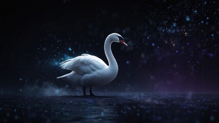 A solitary white swan stands on a dark, reflective surface, with a starry, magical background.