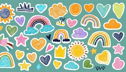 Naive playful abstract doodle shapes sticker pack in childish style. Colored crayon drawn by a kid 