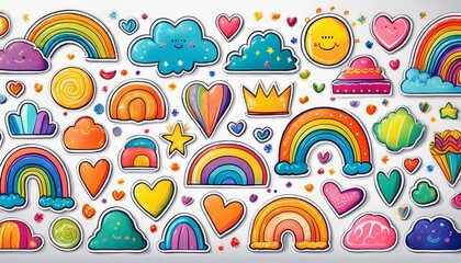 Naive playful abstract doodle shapes sticker pack in childish style. Colored crayon drawn by a kid 